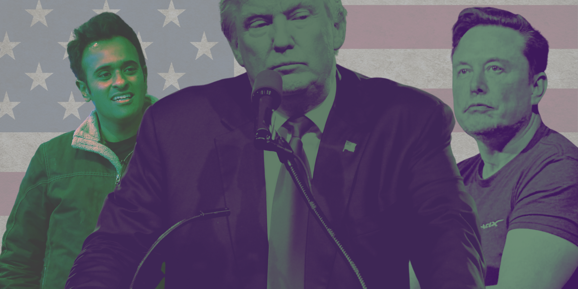 Composite image of Donald Trump, Vivek Ramaswamy and Elon Musk against US flag