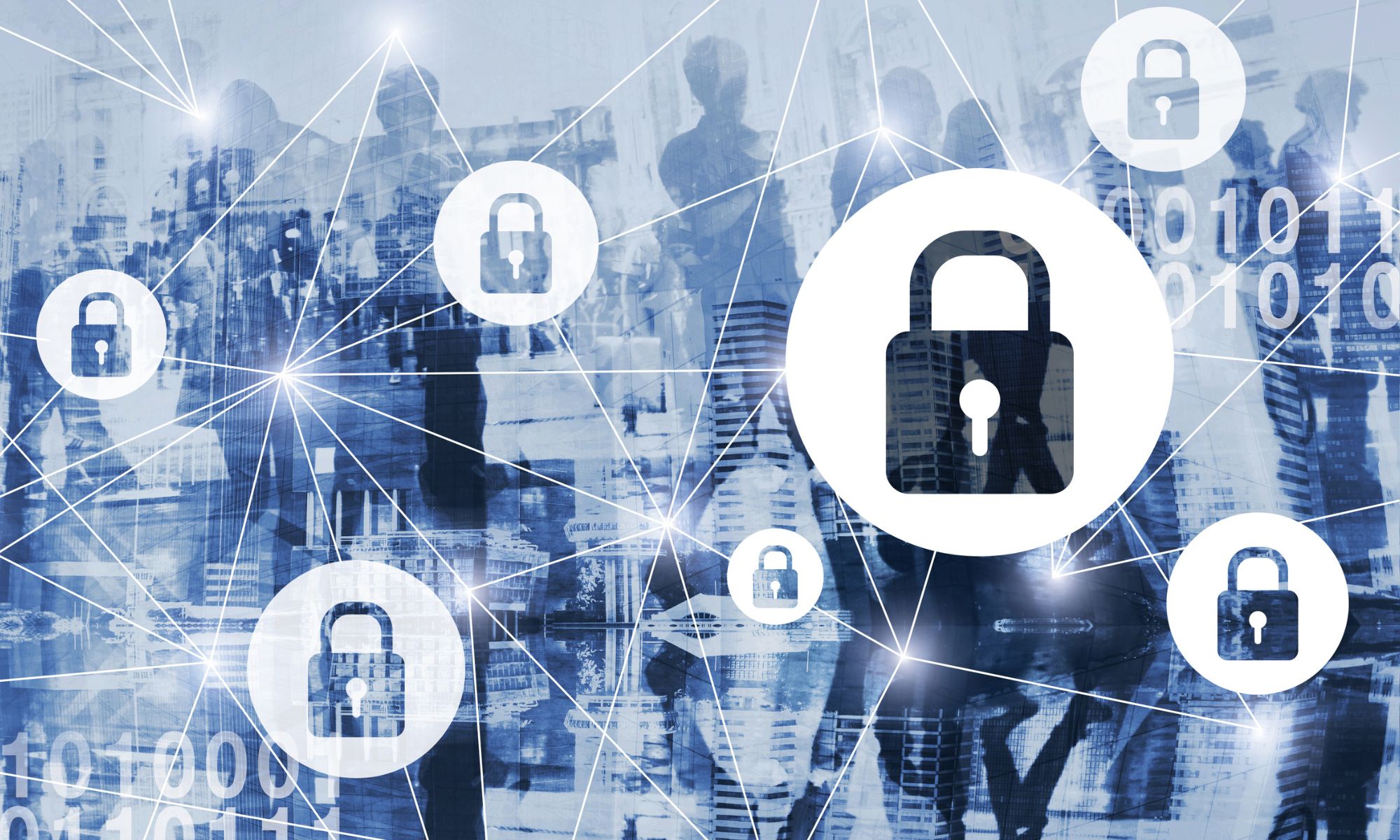 Abstract image showing interconnected padlock icons symbolising cybersecurity, overlaid on a blue-toned cityscape with silhouettes of people and binary code.