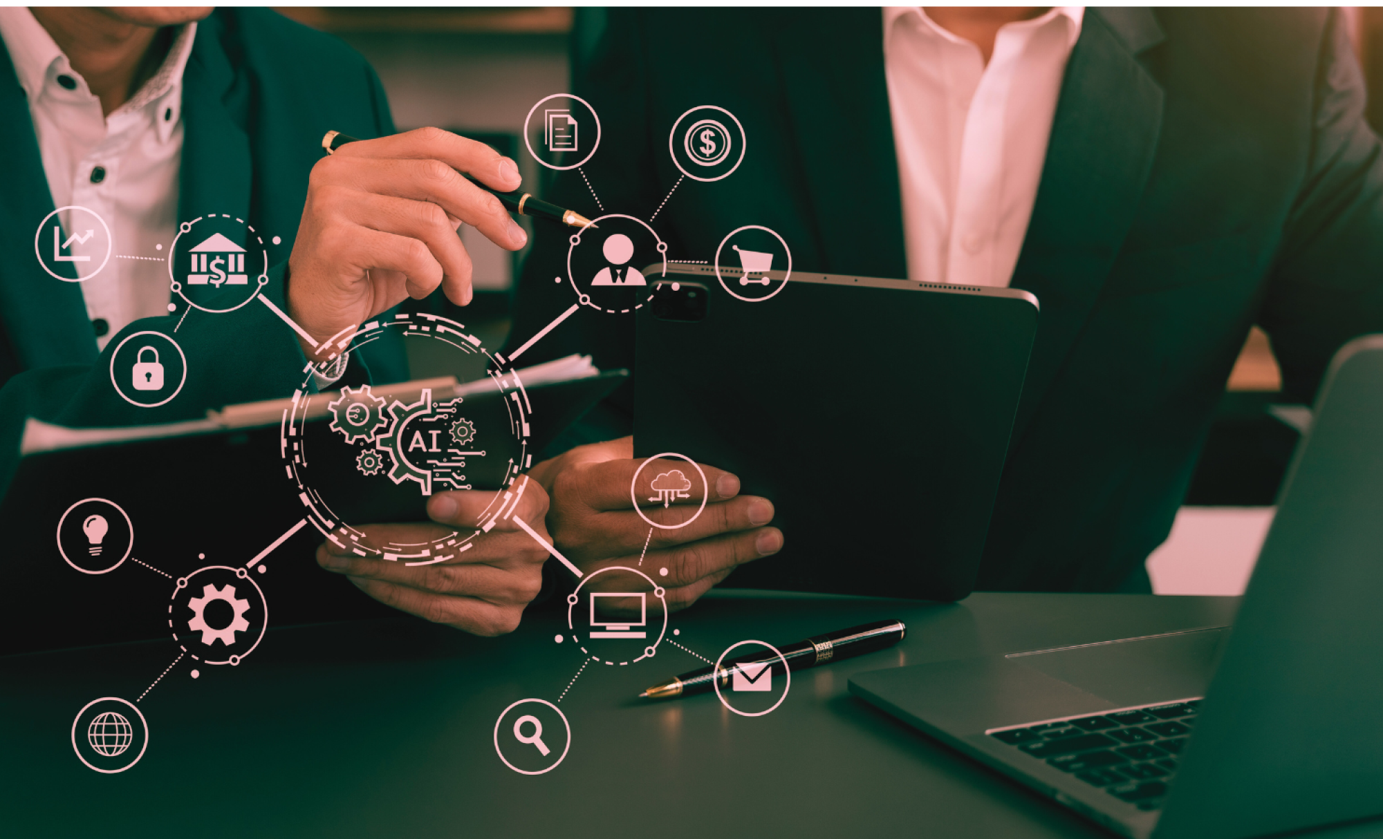 Hands with devices overlaid with abstract technology image