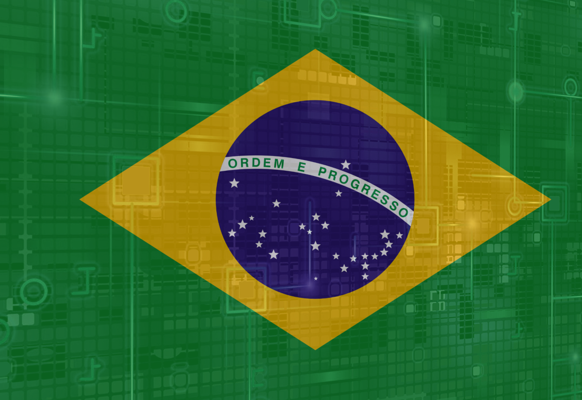 Digital illustration of the Brazilian flag overlaid on a green, futuristic circuit board background, symbolizing the intersection of technology and governance in Brazil.
